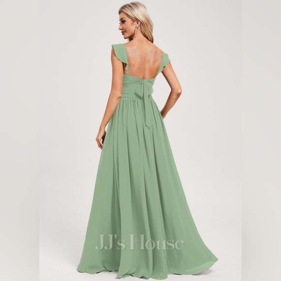 JJs House Basil Green A-line V-neck Floor-length Chiffon Bridesmaid Dress Sz 4 - Picture 3 of 5